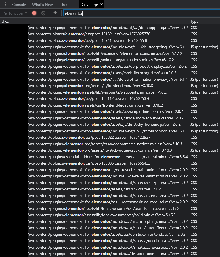 Elementor CSS & JavaScript coverage