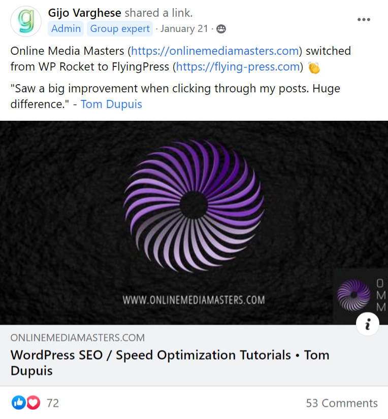 OMM switches to FlyingPress