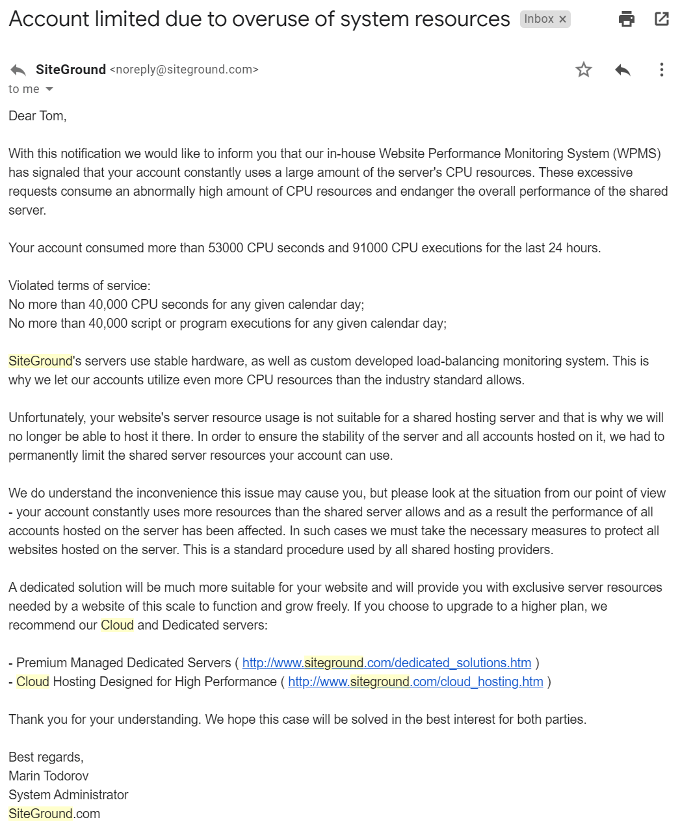 SiteGround CPU overages