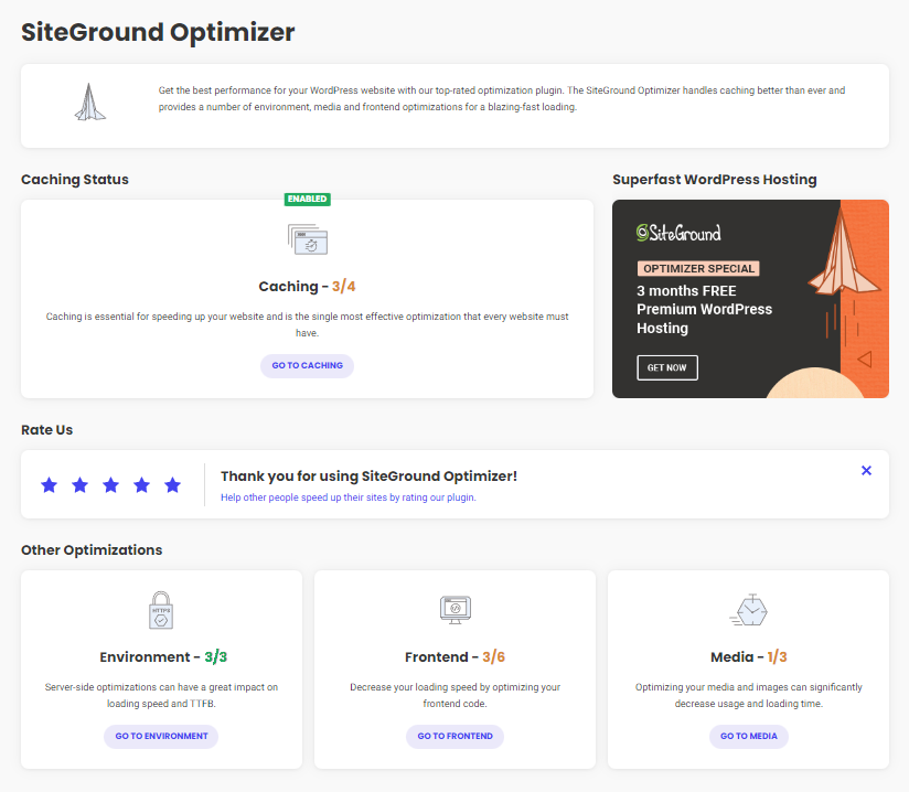 SiteGround Optimizer Dashboard