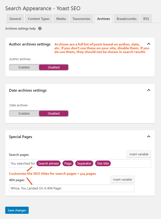 Yoast Archives Settings