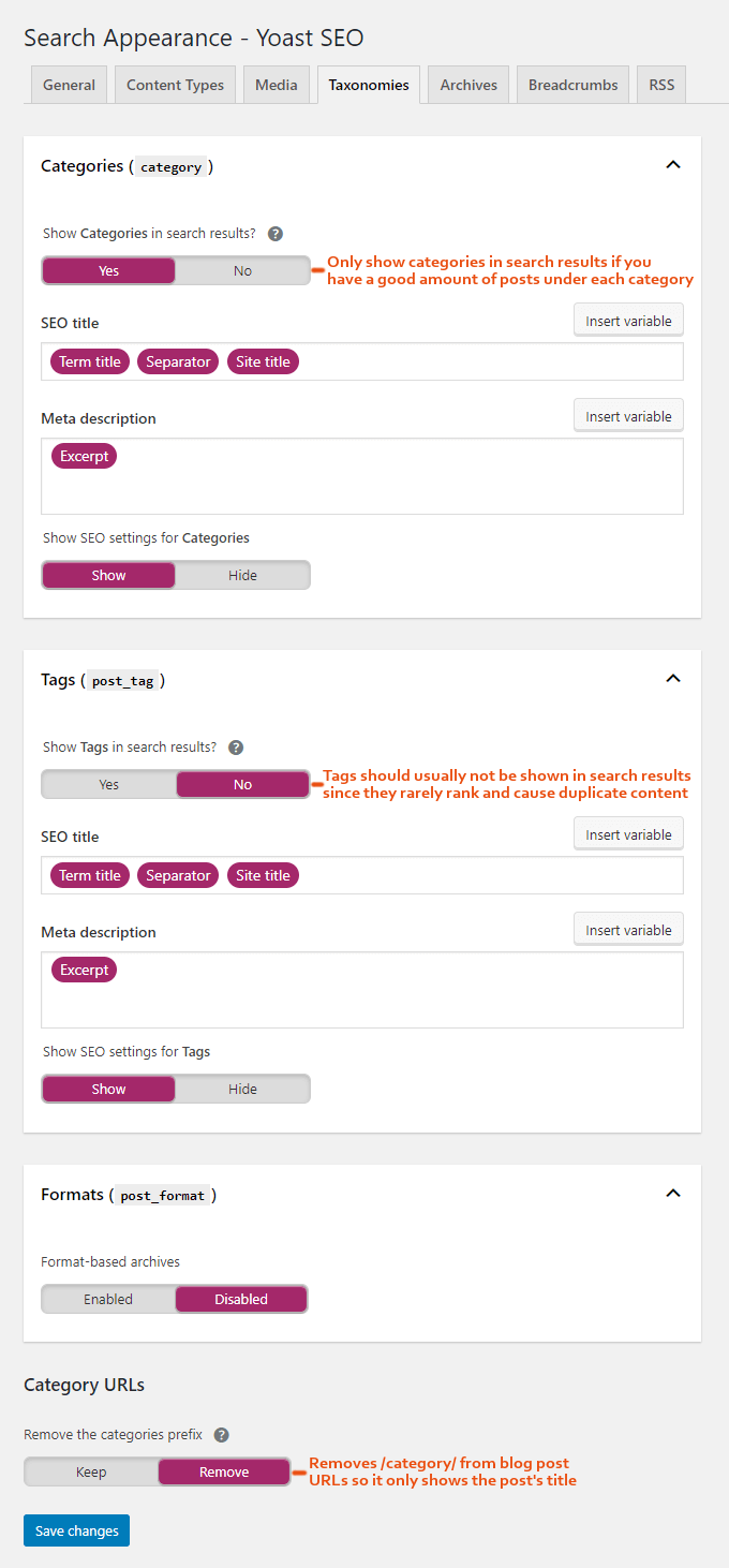 Yoast Taxonomies Settings